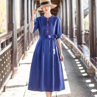 Cotton Linen Slim One-piece Dress Navy Blue PC