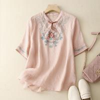 Cotton Linen Women Three Quarter Sleeve T-shirt & loose embroidered shivering PC