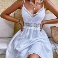 Polyester Slip Dress slimming & deep V patchwork Solid white PC