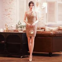 Polyethylene fiber-Ethylene Short Evening Dress & hollow & One Shoulder patchwork Solid gold PC