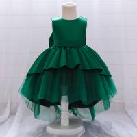 Cotton Slim & Princess Girl One-piece Dress large hem design patchwork Solid green PC