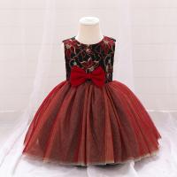 Cotton Slim & Princess Girl One-piece Dress large hem design patchwork Solid wine red PC