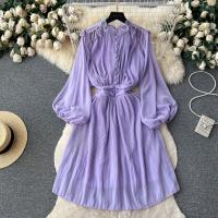 Chiffon Waist-controlled One-piece Dress slimming Solid purple PC