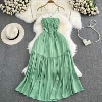Polyester Slip Dress backless Solid green PC