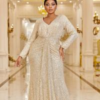 Sequin & Polyester Waist-controlled & Plus Size Long Evening Dress deep V & floor-length Solid champagne PC