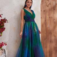 Organza & Polyester Beach Dress One-piece Dress deep V & floor-length Solid blue PC