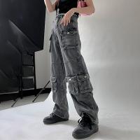 Mezclilla & Poliéster & Algodón Pantalones Largos Mujer, gris,  trozo