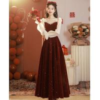Polyester Slim Long Evening Dress  patchwork Solid wine red PC
