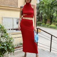 Polyester Two-Piece Dress Set midriff-baring & hollow patchwork Solid red Set