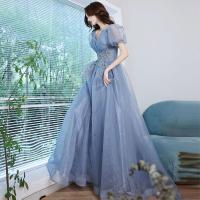 ポリエステル ロングイブニングドレス 刺繍 青 一つ
