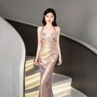 Sequin & Polyester Waist-controlled & floor-length Long Evening Dress & off shoulder Solid pink PC