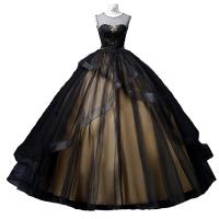 Polyester Waist-controlled Long Evening Dress see through look & large hem design Solid black PC