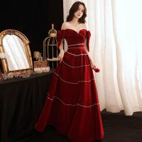 Polyester Waist-controlled & floor-length Long Evening Dress & off shoulder Solid red PC