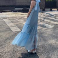 Polyethylene fiber-Ethylene One-piece Dress slimming & off shoulder patchwork Solid blue PC
