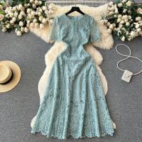 Lace One-piece Dress slimming Solid green PC