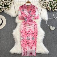 Polyester Waist-controlled Sexy Package Hip Dresses slimming & deep V pink PC