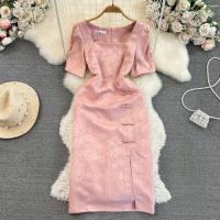 Polyester front slit Sexy Package Hip Dresses slimming pink PC