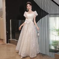 Polyester Waist-controlled & floor-length Long Evening Dress backless printed Solid champagne PC