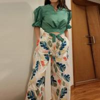 Polyester Women Casual Set slimming & hollow Long Trousers & short sleeve blouses printed Set