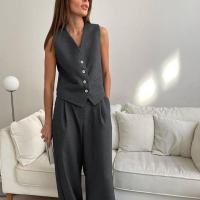 Polyester Women Casual Set without Belt & two piece Long Trousers & vest Solid Set