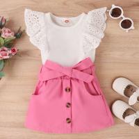Cotton Girl Clothes Set & two piece tank top & skirt pink and white Set