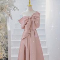 Polyester Waist-controlled Long Evening Dress & off shoulder patchwork Solid pink PC