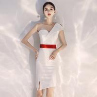 Polyester Waist-controlled Short Evening Dress side slit & One Shoulder patchwork Solid white PC