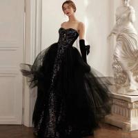 Polyester Waist-controlled Long Evening Dress large hem design & backless & off shoulder patchwork Solid black PC