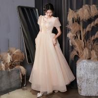Polyester Waist-controlled Long Evening Dress large hem design patchwork Solid champagne PC