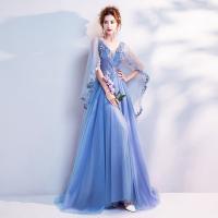 Polyester Waist-controlled Long Evening Dress see through look & large hem design & deep V patchwork Solid blue PC