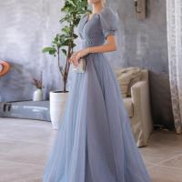 Polyester Waist-controlled Long Evening Dress large hem design patchwork Solid blue PC