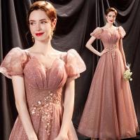Polyester Waist-controlled & High Waist Long Evening Dress large hem design patchwork Solid pink PC