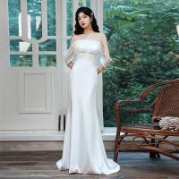 Polyester Waist-controlled & High Waist Long Evening Dress large hem design & backless & off shoulder patchwork Solid white PC