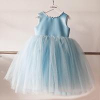 Plastic Pearl & Polyester Ball Gown Girl One-piece Dress Cute Solid blue PC