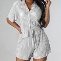 Polyester Women Casual Set & two piece short & short sleeve shirt Solid Set