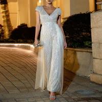 Sequin & Polyester Wide Leg Trousers Long Jumpsuit deep V & backless Solid silver PC