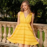 Polyester lace & Waist-controlled One-piece Dress & breathable Solid yellow PC