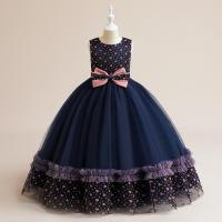 Polyester Slim & Princess Girl One-piece Dress large hem design floral Navy Blue PC
