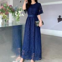 Lace Waist-controlled & A-line One-piece Dress slimming embroider floral : PC