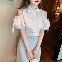 Polyester Women Short Sleeve Blouses & off shoulder patchwork white PC
