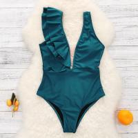 Spandex & Polyester scallop One-piece Swimsuit backless & skinny style Solid blue PC