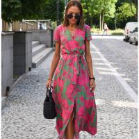 Polyester Waist-controlled & front slit One-piece Dress & breathable printed floral PC