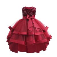 Sequin & Polyester Girl One-piece Dress with bowknot & short front long back & breathable Solid PC