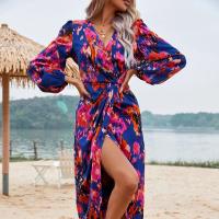 Polyester One-piece Dress deep V & short front long back & breathable printed floral PC