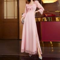 Polyester Long Evening Dress side slit patchwork Solid pink PC