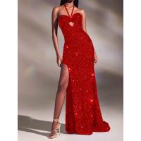 Polyester Long Evening Dress side slit & backless Sequin red PC