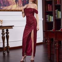 Polyester Long Evening Dress side slit & off shoulder Sequin Solid wine red PC