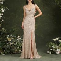 Polyester Long Evening Dress side slit & backless Sequin Apricot PC