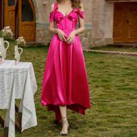 Polyester Long Evening Dress backless & off shoulder Solid fuchsia PC
