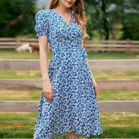 Polyester One-piece Dress mid-long style printed floral blue PC